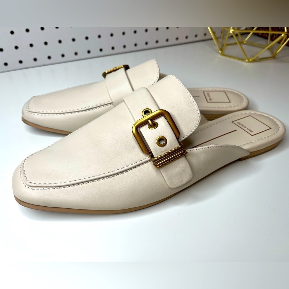 Revolve Dolce Vita Santel Mule in Ivory with Gold Metal Buckle Leather and 11M
